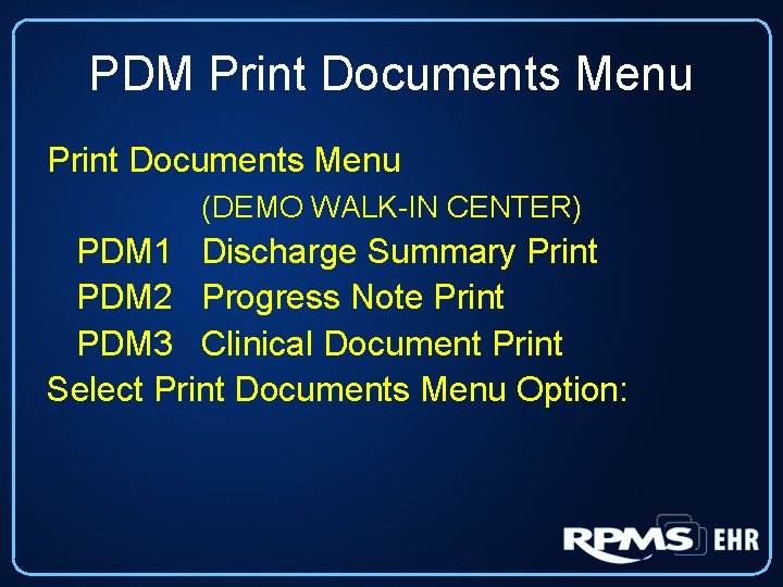 PDM Print Documents Menu (DEMO WALK-IN CENTER) PDM 1 Discharge Summary Print PDM 2