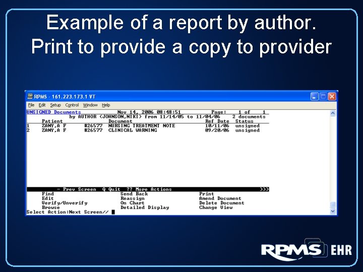 Example of a report by author. Print to provide a copy to provider 