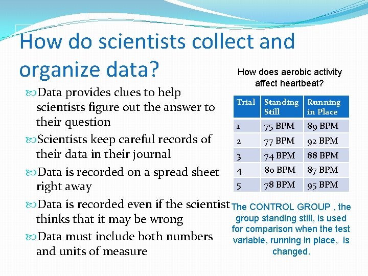 How do scientists collect and organize data? How does aerobic activity affect heartbeat? Data