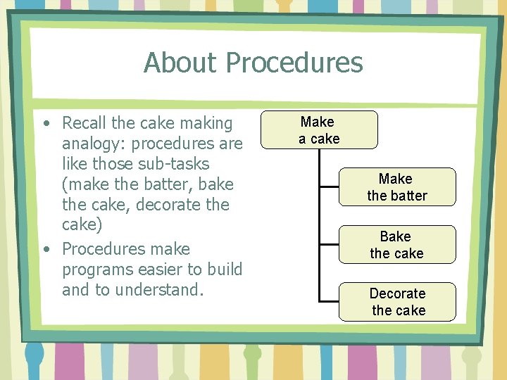About Procedures • Recall the cake making analogy: procedures are like those sub-tasks (make
