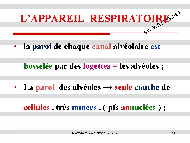 T E. N L’APPAREIL RESPIRATOIRE TS I SP I . W WW • la