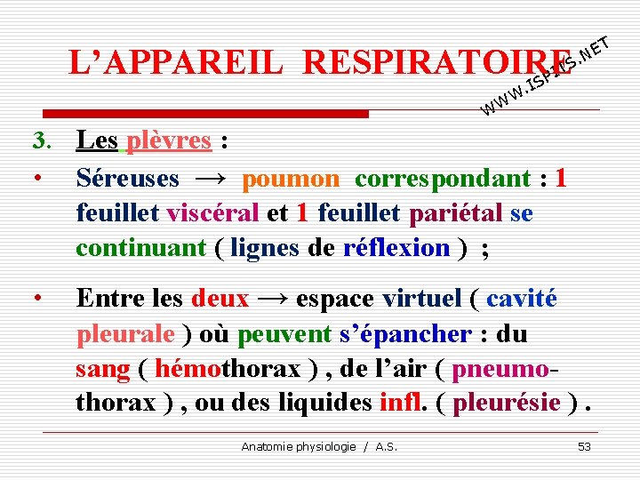 T E. N L’APPAREIL RESPIRATOIRE TS I SP I . W WW 3. Les