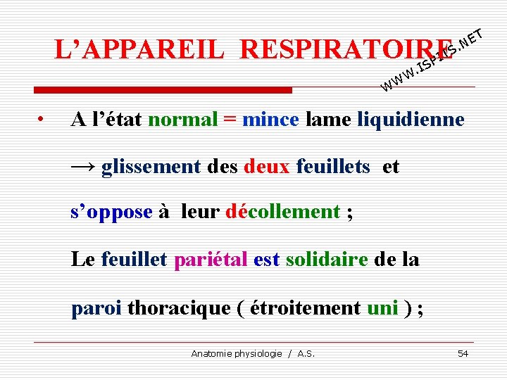 T E. N L’APPAREIL RESPIRATOIRE TS I SP I . W WW • A