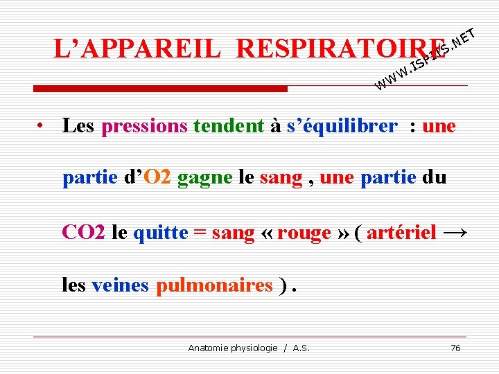 T E. N L’APPAREIL RESPIRATOIRE TS I SP I . W WW • Les