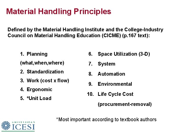 Material Handling Principles Defined by the Material Handling Institute and the College-Industry Council on