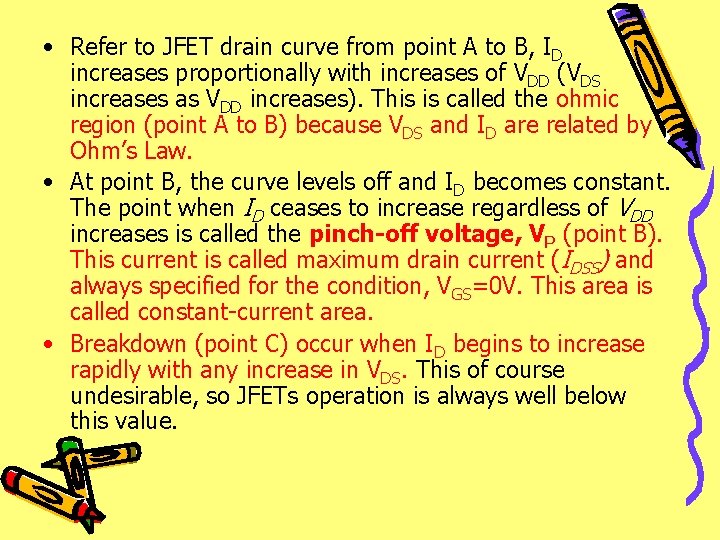  • Refer to JFET drain curve from point A to B, ID increases