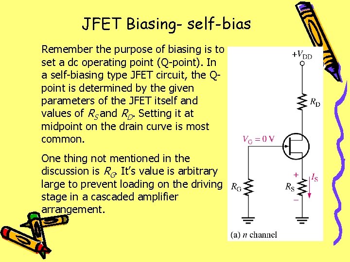 JFET Biasing- self-bias Remember the purpose of biasing is to set a dc operating