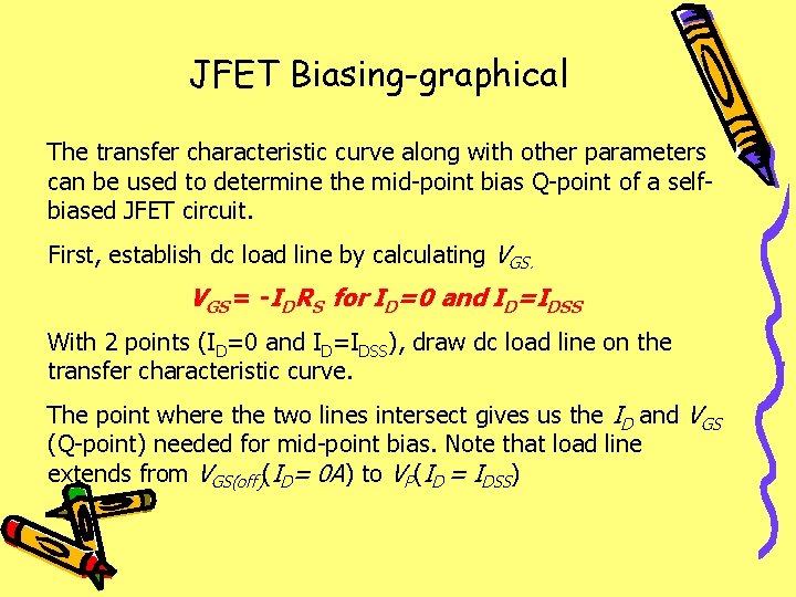 JFET Biasing-graphical The transfer characteristic curve along with other parameters can be used to