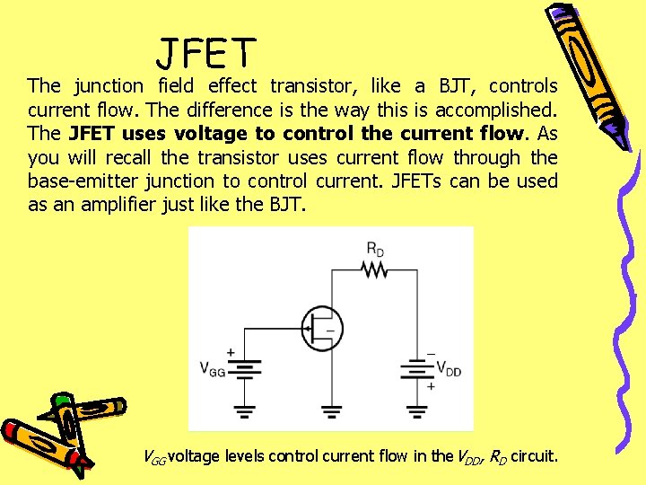 JFET The junction field effect transistor, like a BJT, controls current flow. The difference