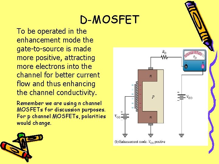 D-MOSFET To be operated in the enhancement mode the gate-to-source is made more positive,