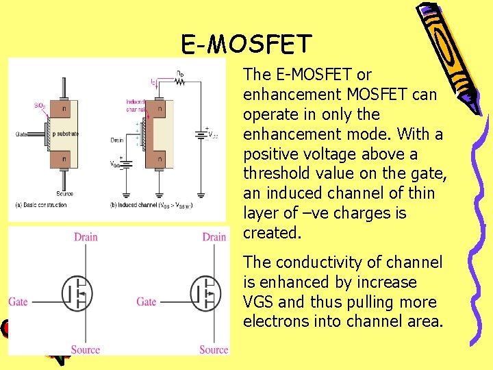 E-MOSFET The E-MOSFET or enhancement MOSFET can operate in only the enhancement mode. With