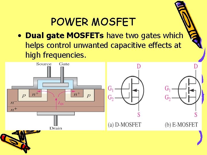 POWER MOSFET • Dual gate MOSFETs have two gates which helps control unwanted capacitive