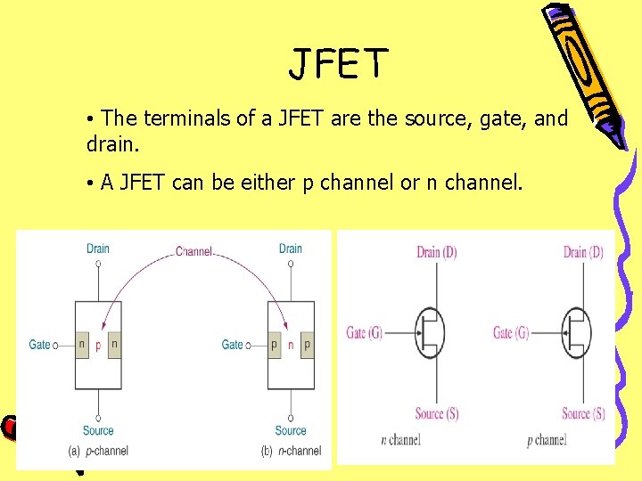 JFET • The terminals of a JFET are the source, gate, and drain. •