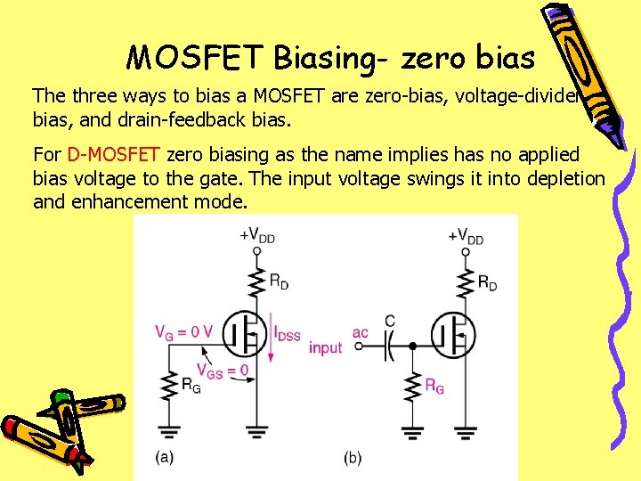 MOSFET Biasing- zero bias The three ways to bias a MOSFET are zero-bias, voltage-divider