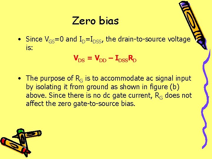 Zero bias • Since VGS=0 and ID=IDSS, the drain-to-source voltage is: VDS = VDD