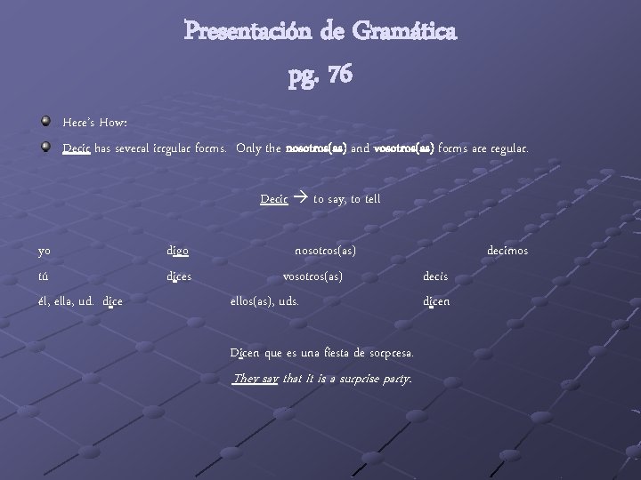 Presentación de Gramática pg. 76 Here’s How: Decir has several irrgular forms. Only the