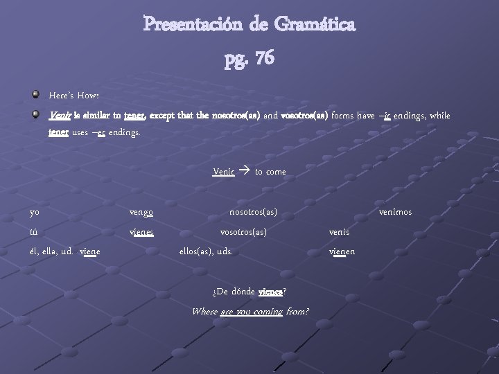 Presentación de Gramática pg. 76 Here’s How: Venir is similar to tener, except that