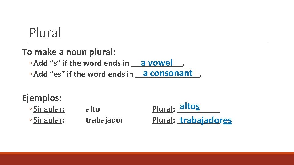 Plural To make a noun plural: a vowel ◦ Add “s” if the word
