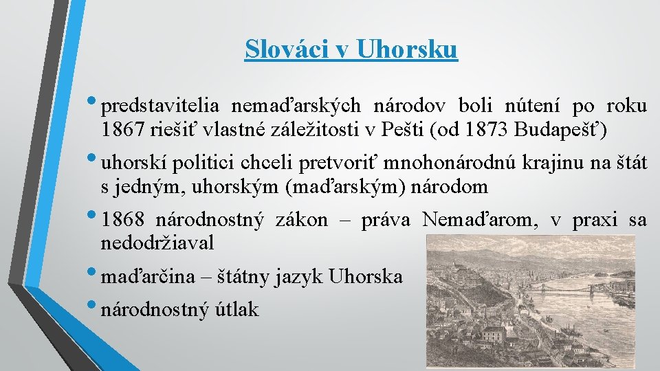 Slováci v Uhorsku • predstavitelia nemaďarských národov boli nútení po roku 1867 riešiť vlastné