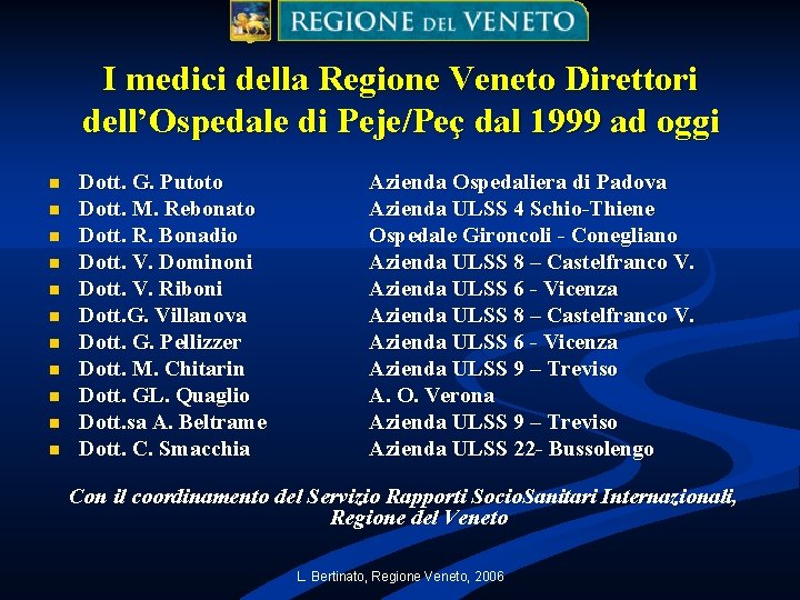 I medici della Regione Veneto Direttori dell’Ospedale di Peje/Peç dal 1999 ad oggi n