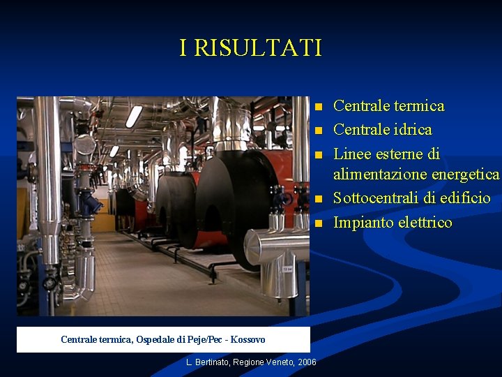 I RISULTATI n n n Centrale termica, Ospedale di Peje/Pec - Kossovo L. Bertinato,