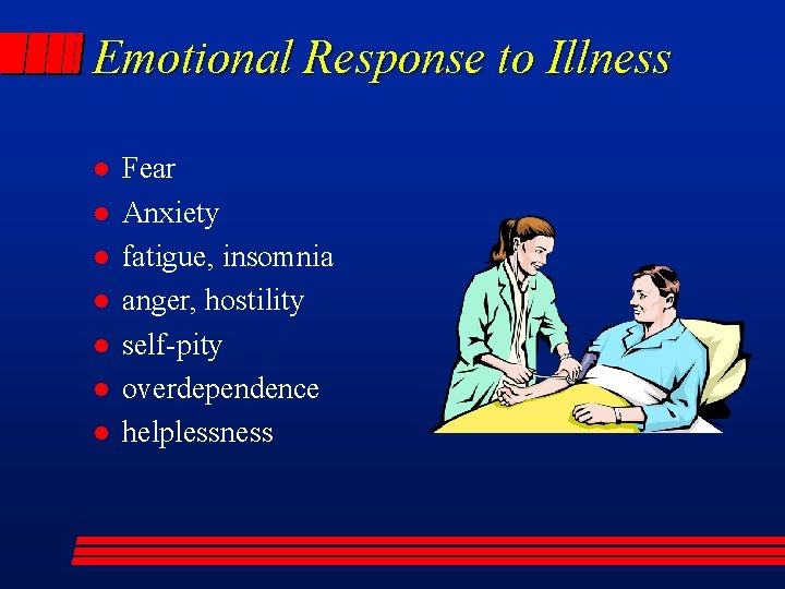 Emotional Response to Illness l l l l Fear Anxiety fatigue, insomnia anger, hostility