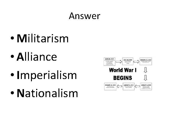 Answer • Militarism • Alliance • Imperialism • Nationalism Answer • Militarism • Alliance • Imperialism • Nationalism