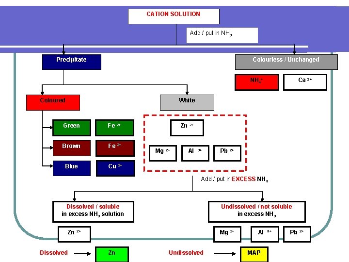 CATION SOLUTION Add / put in NH 3 Precipitate Colourless / Unchanged NH 4+ CATION SOLUTION Add / put in NH 3 Precipitate Colourless / Unchanged NH 4+