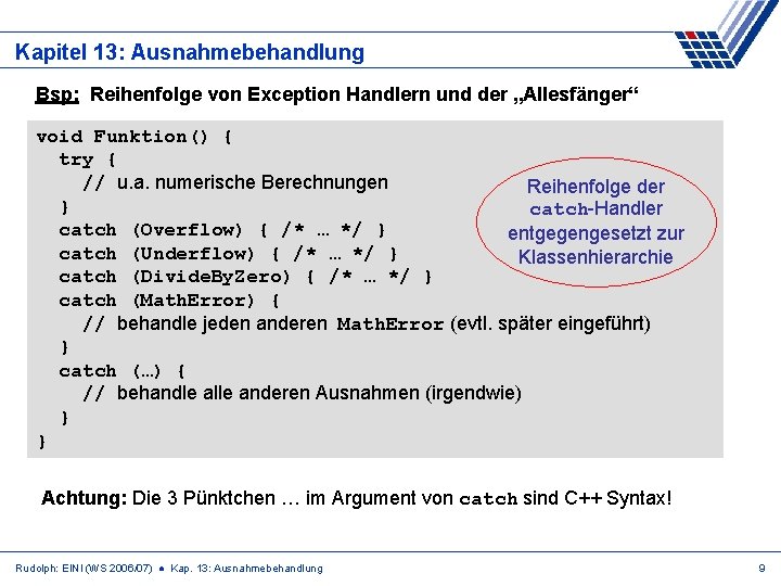 Kapitel 13: Ausnahmebehandlung Bsp: Reihenfolge von Exception Handlern und der „Allesfänger“ void Funktion() {