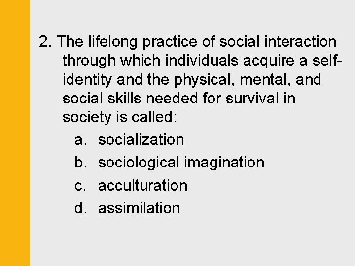 2. The lifelong practice of social interaction through which individuals acquire a selfidentity and