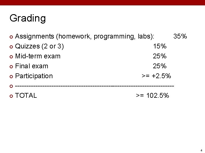 Grading Assignments (homework, programming, labs): 35% ¢ Quizzes (2 or 3) 15% ¢ Mid-term Grading Assignments (homework, programming, labs): 35% ¢ Quizzes (2 or 3) 15% ¢ Mid-term