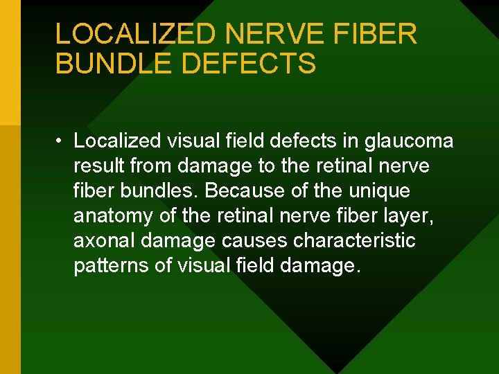 LOCALIZED NERVE FIBER BUNDLE DEFECTS • Localized visual field defects in glaucoma result from