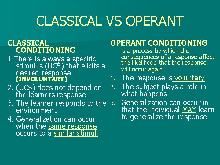 CLASSICAL VS OPERANT CLASSICAL OPERANT CONDITIONING is a process by which the consequences of