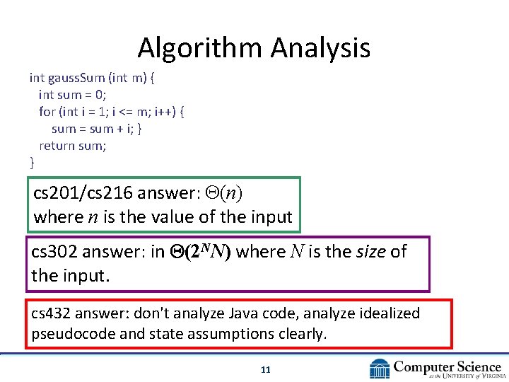 Algorithm Analysis int gauss. Sum (int m) { int sum = 0; for (int