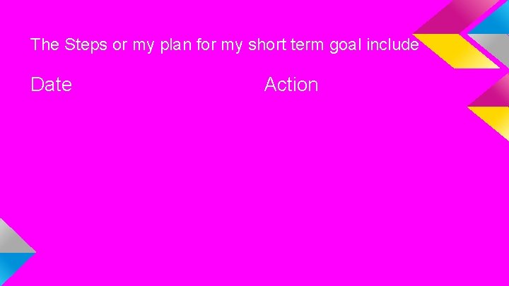 The Steps or my plan for my short term goal include Date Action 