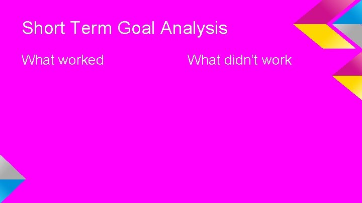 Short Term Goal Analysis What worked What didn’t work 