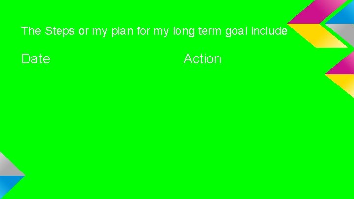 The Steps or my plan for my long term goal include Date Action 