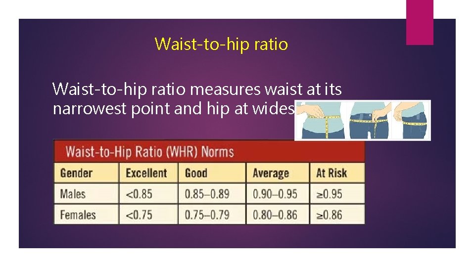 Waist-to-hip ratio measures waist at its narrowest point and hip at widest point. 