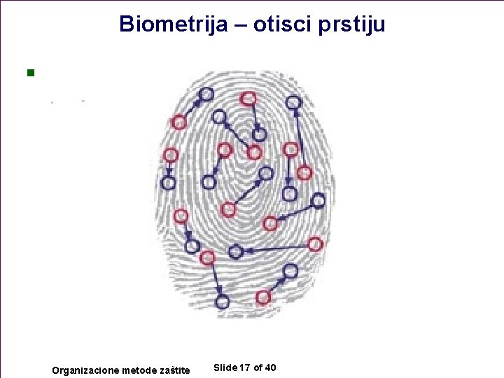 Biometrija – otisci prstiju n Organizacione metode zaštite Slide 17 of 40 