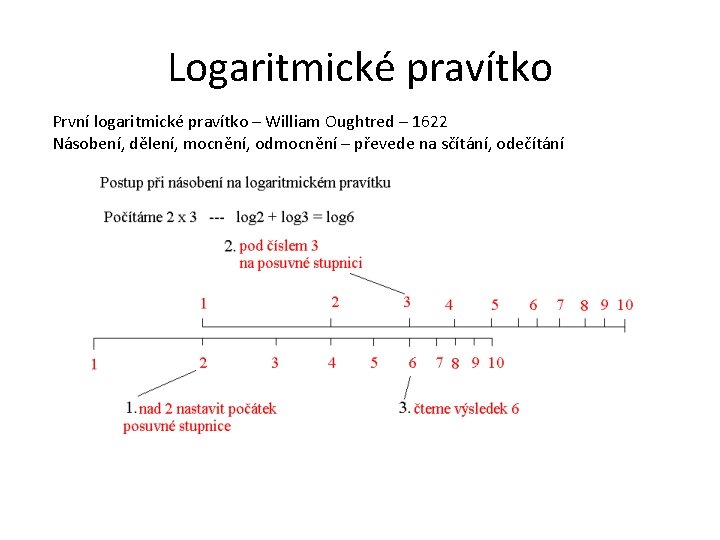 Logaritmické pravítko První logaritmické pravítko – William Oughtred – 1622 Násobení, dělení, mocnění, odmocnění