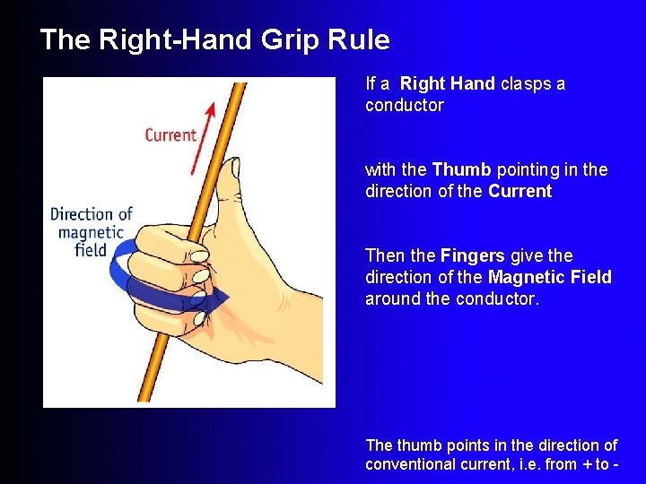 The Right-Hand Grip Rule If a Right Hand clasps a conductor with the Thumb