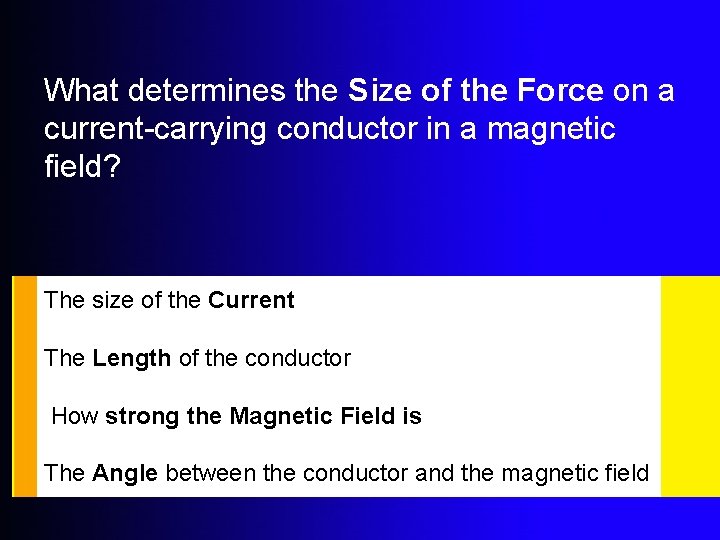 What determines the Size of the Force on a current-carrying conductor in a magnetic