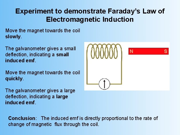 Experiment to demonstrate Faraday’s Law of Electromagnetic Induction Move the magnet towards the coil