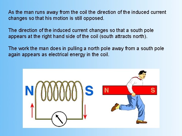 As the man runs away from the coil the direction of the induced current