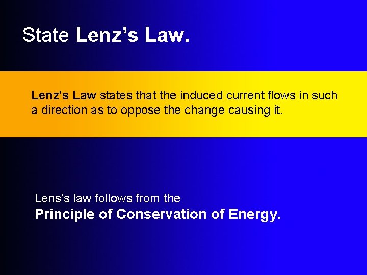 State Lenz’s Law states that the induced current flows in such a direction as