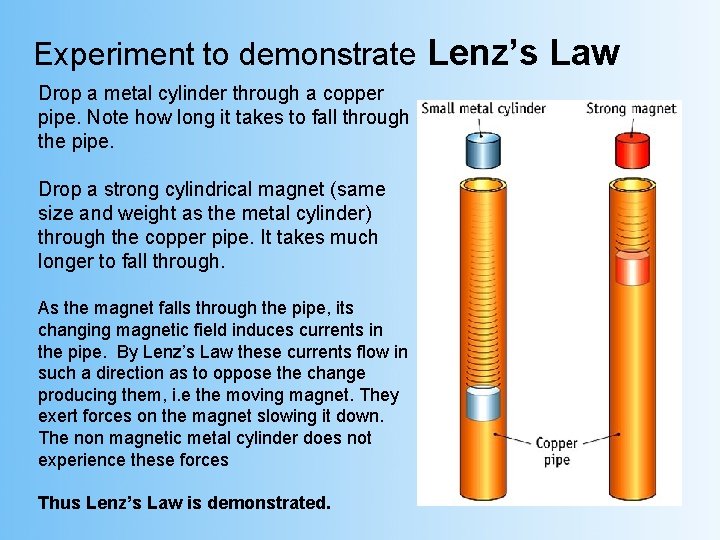 Experiment to demonstrate Lenz’s Law Drop a metal cylinder through a copper pipe. Note