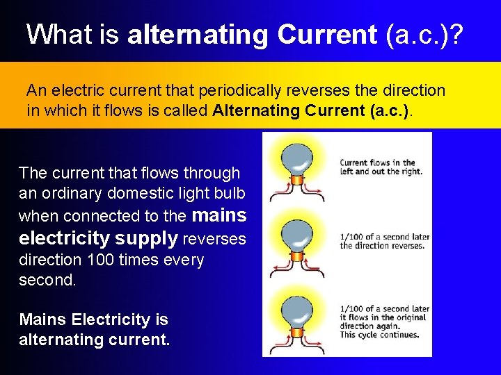 What is alternating Current (a. c. )? An electric current that periodically reverses the