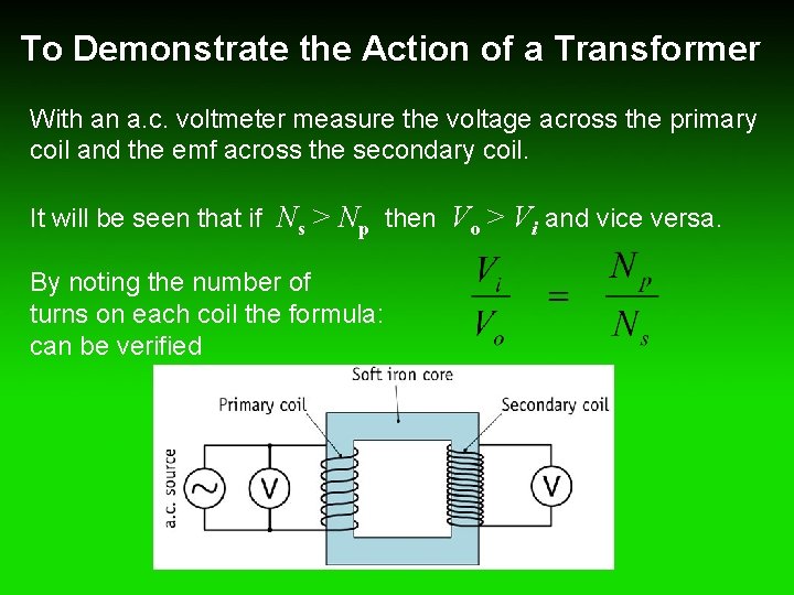 To Demonstrate the Action of a Transformer With an a. c. voltmeter measure the