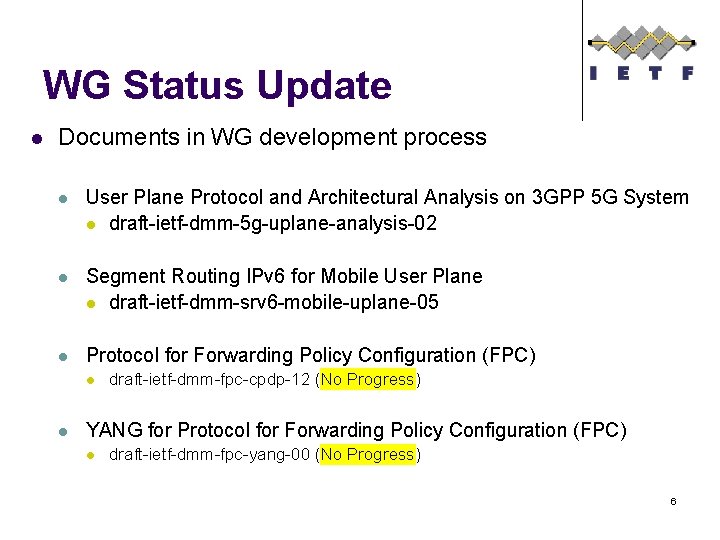 WG Status Update l Documents in WG development process l User Plane Protocol and