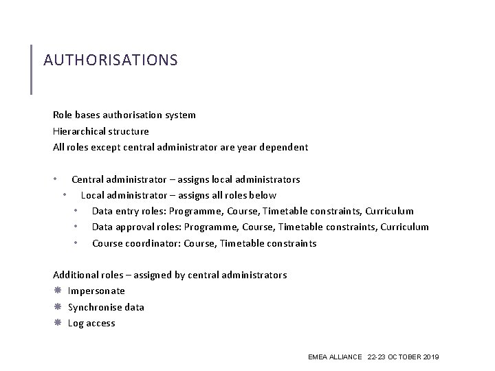 AUTHORISATIONS Role bases authorisation system Hierarchical structure All roles except central administrator are year